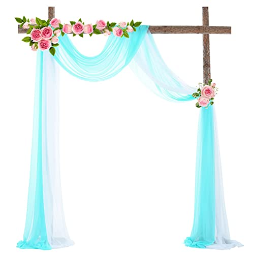Chickwin Zweifarbig Hochzeit Vorhang Hochzeitsbogen,Chiffon Tüll Querbehang,2PC Himmelbett Vorhänge,Stoff Transparent Voile Dekoration für Fotohintergrund Hochzeitsdeko (Weiß + Blau,70x550cm) von Chickwin