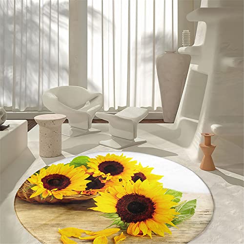 Chickwin rutschfeste Teppich Rund, 3D Blumen Muster Teppich für Wohnzimmer Moderne Flauschig Weich Teppiche Fußmatte für Schlafzimmer Kinderzimmer Küche (Gelbe Sonnenblume,Durchmesser 40cm) von Chickwin