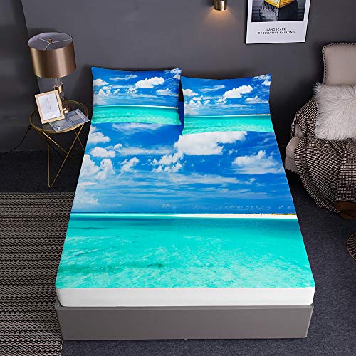 Chickwin Ozean Drucken Spannbetttuch für Boxspringbett, Rutschfestem Spannbettlaken mit 2 Kissenbezüges - Mikrofaser Matratzenschoner bis 30cm Hohe (Blauer Himmel Meer,200x200x30cm) von Chickwin