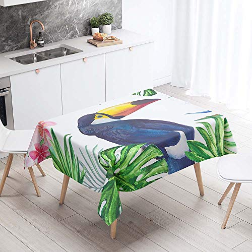 Tischdecke Abwaschbar, Chickwin Wasserdicht Polyester Rechteckig Fleckschutz Ölfest Abwaschbar Pflegeleicht Mehrzweck Gartentischdecke 3D Tropische Blätter Muster (Vogel,140x160cm) von Chickwin