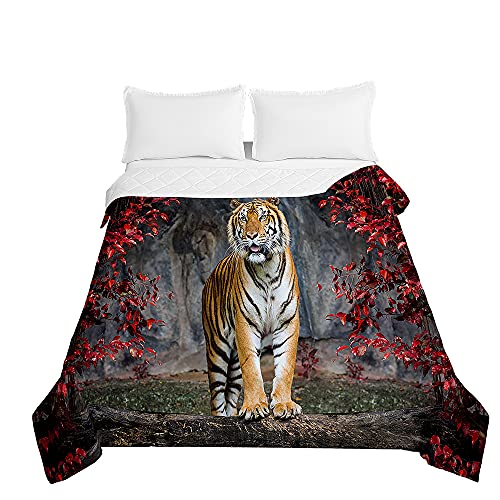 Chickw1 Tagesdecke Bettüberwurf Steppdecke, 3D Tiger Drucken Sommer Tagesdecken mit Präge Wohndecke aus Mikrofaser Gesteppt Bettdecke für Einzelbett Doppelbett (Tiger,220x240cm) von Chickwing