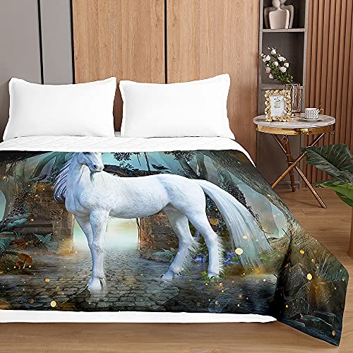 Chickw1 Tagesdecken Bettüberwurf, 3D Einhorn Drucken Sommer Tagesdecke mit Prägemuster Wohndecke aus Mikrofaser Bettdecke für Einzelbett Doppelbett oder Kinder (Weißes Einhorn,220x240cm) von Chickwing
