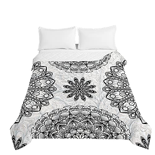 Chickw1 Tagesdecken Bettüberwurf, 3D Mandala Drucken Sommer Tagesdecke mit Prägemuster Wohndecke aus Mikrofaser Bettdecke für Einzelbett Doppelbett oder Kinder (Schwarzes Mandala,220x240cm) von Chickwing
