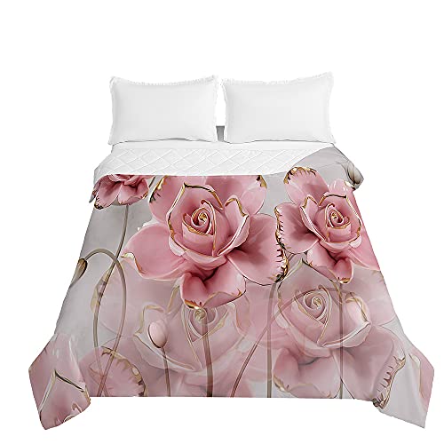 Chickw1 Tagesdecken Bettüberwurf, 3D Rose Drucken Sommer Tagesdecke mit Prägemuster Wohndecke aus Mikrofaser Bettdecke für Einzelbett Doppelbett oder Kinder (Goldenes Rosa,230x280cm) von Chickwing