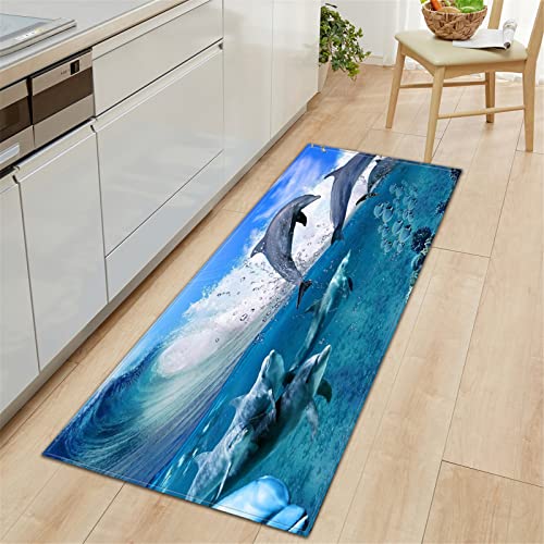 Chickw1 Teppich Wohnzimmer Lang, 3D Delfin Drucken Moderne Weiche Flauschig Flanell Antirutschunterlage Fläche Teppiche für Kinderzimmer Schlafzimmer Outdoor Küche (Meerwasser,50x160cm) von Chickwing
