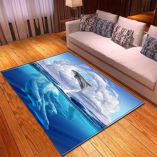 Chickw1 Teppich Wohnzimmer Moderne 3D Delfin Muster, Weiche Flauschig Antirutschunterlage Kurzflor Fläche Teppiche für Kinderzimmer Schlafzimmer Outdoor Küche (Dolphin Wolken,100x200cm) von Chickwing