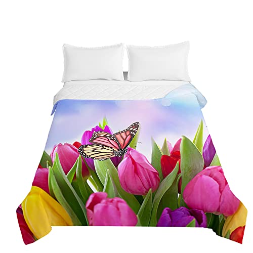 Chickwin Bettüberwurf Tagesdecke,3D Tulpe Blumen Drucken Tagesdecken Herbst Sommer Bettüberwürfe Prägemuster Wohndecke Mikrofaser Bettdecke für Einzelbett Doppelbett (Rosa Schmetterling,220x240cm) von Chickwing