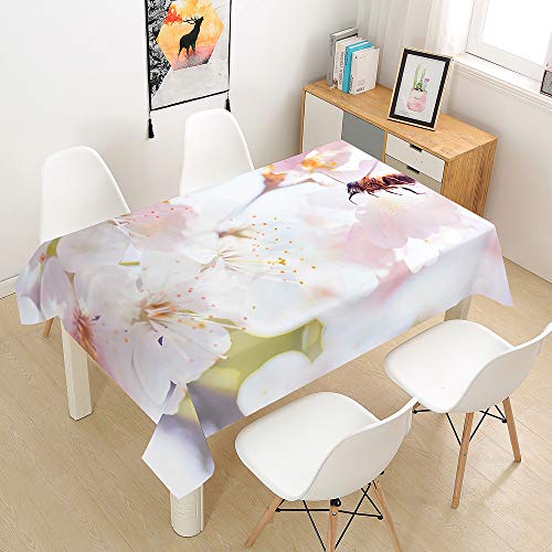 Chickwin Rechteckig Tischdecke Abwaschbar Wasserdicht aus Polyester Lotuseffekt Pflegeleicht Blume Pflanze Biene Bedruckte Tischtuch für Home Küche Garten (Kirschblüten,100x140cm) von Chickwing