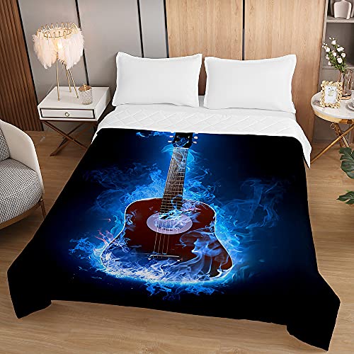 Chickwin Tagesdecke Bettüberwurf Steppdecke, 3D Gitarre Drucken Tagesdecken mit Präge Wohndecke aus Mikrofaser Gesteppt Bettdecke für Einzelbett Doppelbett (Blau,220x240cm) von Chickwing