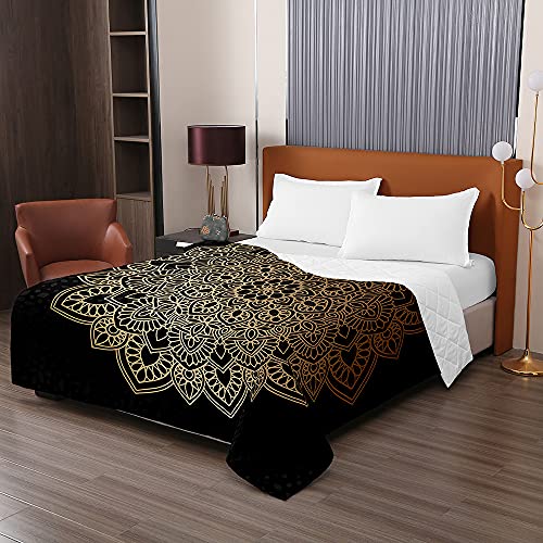 Chickwin Tagesdecke Bettüberwurf Steppdecke, 3D Mandala Drucken Sommer Tagesdecken mit Prägemuster Wohndecke aus Mikrofaser Gesteppt Bettdecke für Einzelbett Doppelbett (schwarzes Gold,230x260cm) von Chickwing