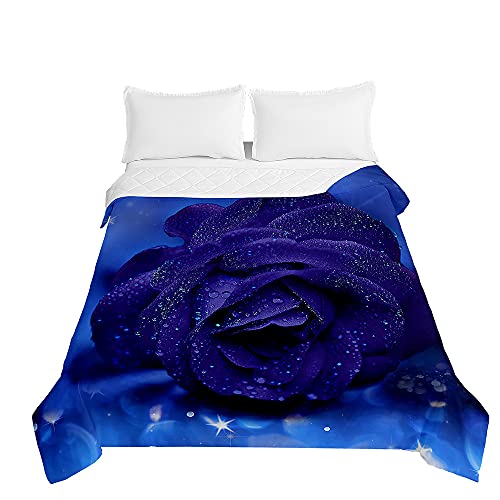 Chickwin Tagesdecke Bettüberwurf Steppdecke, 3D Rose Blume Drucken Sommer Tagesdecken mit Präge Wohndecke aus Mikrofaser Gesteppt Bettdecke für Einzelbett Doppelbett (Blaue Rose,180x220cm) von Chickwing