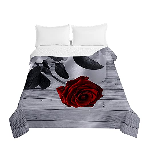 Chickwing Tagesdecke Bettüberwurf Steppdecke, 3D Rose Blume Drucken Sommer Tagesdecken mit Präge Wohndecke aus Mikrofaser Gesteppt Bettdecke für Einzelbett Doppelbett (Graue Rose,180x220cm) von Chickwing