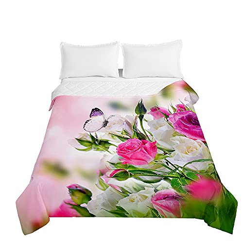 Chickwin Tagesdecke Bettüberwurf Steppdecke, 3D Rose Blume Drucken Sommer Tagesdecken mit Präge Wohndecke aus Mikrofaser Gesteppt Bettdecke für Einzelbett Doppelbett (Schmetterling,150x200cm) von Chickwing
