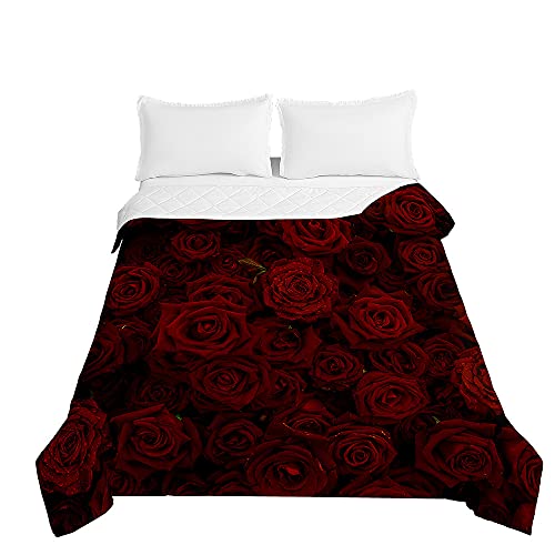 Chickwin Tagesdecke Bettüberwurf Steppdecke, 3D Rose Blume Drucken Sommer Tagesdecken mit Präge Wohndecke aus Mikrofaser Gesteppt Bettdecke für Einzelbett Doppelbett (rote Rose,150x200cm) von Chickwing
