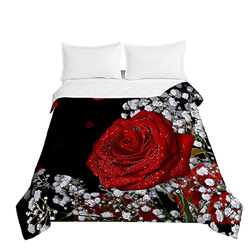 Chickwin Tagesdecke Bettüberwurf Steppdecke, 3D Rose Blume Drucken Sommer Tagesdecken mit Präge Wohndecke aus Mikrofaser Gesteppt Bettdecke für Einzelbett Doppelbett (weiße Blume,200x230cm) von Chickwing