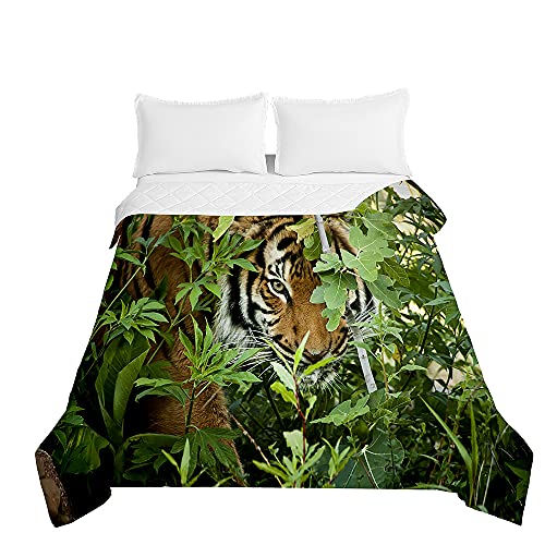 Chickwin Tagesdecke Bettüberwurf Steppdecke, 3D Tiger Drucken Sommer Tagesdecken mit Präge Wohndecke aus Mikrofaser Gesteppt Bettdecke für Einzelbett Doppelbett (Dschungel Tiger,180x220cm) von Chickwing