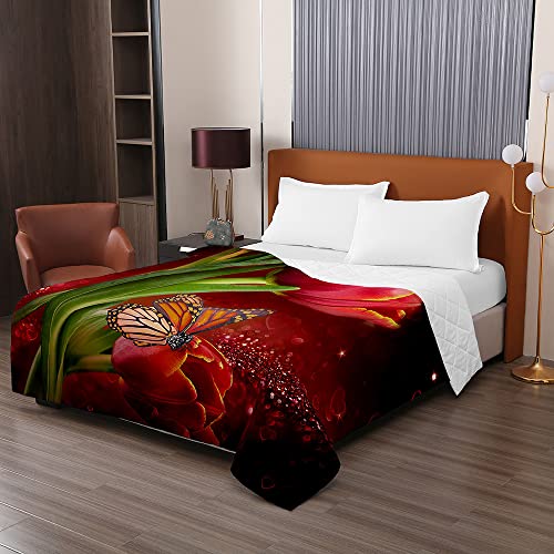 Chickwin Tagesdecke Bettüberwurf Steppdecke, 3D Tulpe Blume Drucken Tagesdecken mit Präge Wohndecke aus Mikrofaser Gesteppt Bettdecke für Einzelbett Doppelbett (150x200cm,rot) von Chickwing