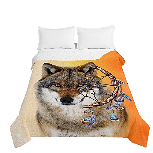 Chickwin Tagesdecke Bettüberwurf Steppdecke, 3D Wolf Tier Drucken Sommer Tagesdecken mit Präge Wohndecke aus Mikrofaser Gesteppt Bettdecke für Einzelbett Doppelbett (Traumfänger Wolf,200x230cm) von Chickwing