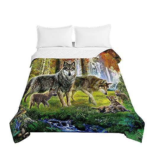 Chickwin Tagesdecke Bettüberwurf Steppdecke, 3D Wolf Tier Drucken Sommer Tagesdecken mit Präge Wohndecke aus Mikrofaser Gesteppt Bettdecke für Einzelbett Doppelbett (Wald Wolf,150x200cm) von Chickwing