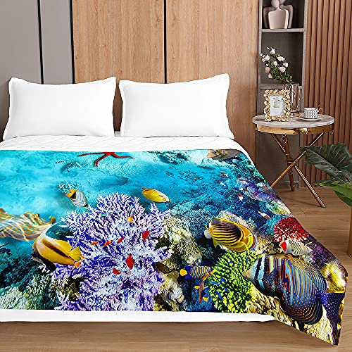 Chickwin Tagesdecken Bettüberwurf, 3D Ozean Welt Drucken Sommer Tagesdecke mit Prägemuster Wohndecke aus Mikrofaser Bettdecke für Einzelbett Doppelbett oder Kinder (Ozean Welt,180x220cm) von Chickwing