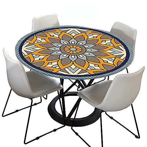 Chickwin Tischdecke Runde Elastische Kante Wasserdicht Abwaschbar Retro Mandala Stil Tischschoner, Tischtuch aus Polyester für Küche, Esszimmer, Garten, Balkon (Böhmischer Stil,100cm) von Chickwing