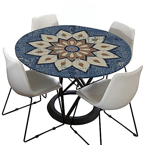 Chickwin Tischdecke Runde Elastische Kante Wasserdicht Abwaschbar Retro Mandala Stil Tischschoner, Tischtuch aus Polyester für Küche, Esszimmer, Garten, Balkon (Denim Blue,120cm) von Chickwing