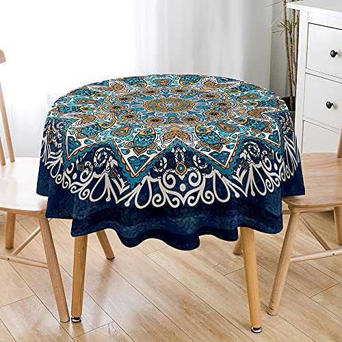 Chickwin Tischdecke Runde Wasserdicht Abwaschbar 3D Vintage Muster Bedruckte Tischschoner Fleckschutz, Tischtuch aus Polyester für Küche,Esszimmer,Garten oder Camping (Blaues Mandala,120cm) von Chickwing