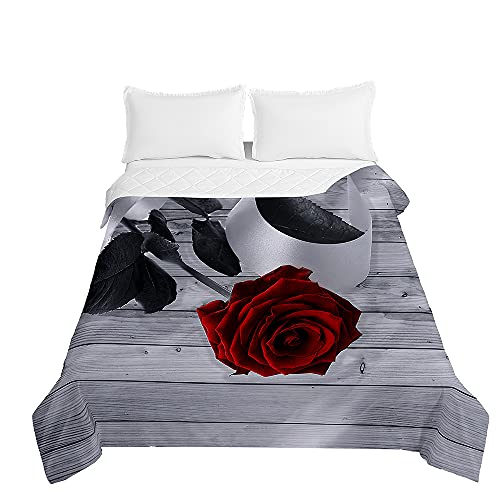 Chickwing Chickwin Tagesdecke Bettüberwurf Steppdecke, 3D Rose Blume Drucken Sommer Tagesdecken mit Präge Wohndecke aus Mikrofaser Gesteppt Bettdecke für Einzelbett Doppelbett (Graue Rose,220x240cm) von Chickwing