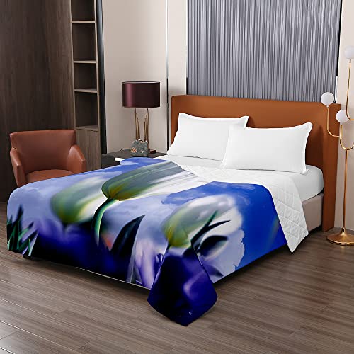 Chickwing Tagesdecke Bettüberwurf Steppdecke, 3D Tulpe Blume Drucken Tagesdecken mit Präge Wohndecke aus Mikrofaser Gesteppt Bettdecke für Einzelbett Doppelbett 220x240cm,Blau von Chickwing