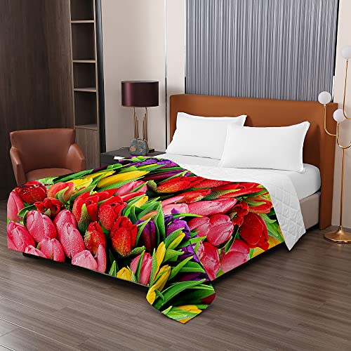 Chickwing Tagesdecke Bettüberwurf Steppdecke, 3D Tulpe Blume Drucken Tagesdecken mit Präge Wohndecke aus Mikrofaser Gesteppt Bettdecke für Einzelbett Doppelbett 220x240cm,Farbe von Chickwing