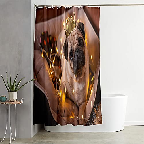 Duschvorhang Wasserdicht, Chickwin 3D Süßer Hund Anti-Schimmel Waschbar Antischimmel Badewanne Polyester Shower Curtain mit 12 Ringes- für Badezimmer Vorhänge Decor (Mops,120x180cm) von Chickwing