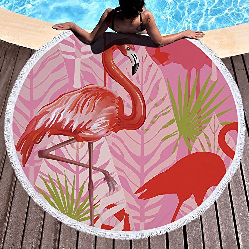 Mikrofaser Runde Strandtuch mit Quaste, Chickwin 3D Pflanze Druck Schnelltrocknend Kompakt Badetuch Sandfreie Handtuch Reisehandtuch für Strand Schwimmen (Flamingo,Durchmesser 150cm/59) von Chickwing