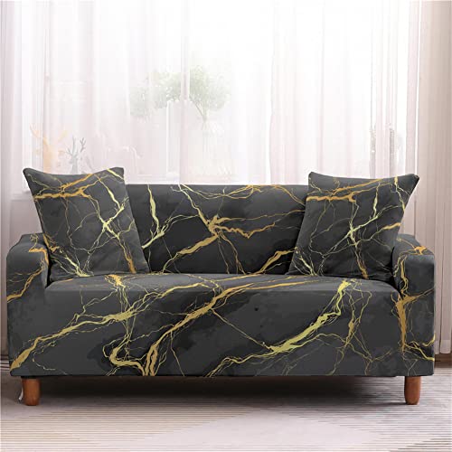 Sofabezug Sofa Überwürfe Mit Armlehnen, Chickwin 1/2/3/4 Sitzer Marmor Drucken Elastisch Polyester Weich Stretch Abwaschbar Couch Sofaüberwurf (Schwarz,3 Sitzer) von Chickwing