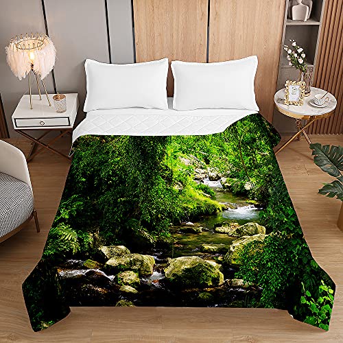 Tagesdecken Bettüberwurf, Chickwin 3D Wald Wasserfall Fluss Sommer Tagesdecke mit Prägemuster Wohndecke aus Mikrofaser Bettdecke für Einzelbett Doppelbett oder Kinder (Waldbach,150x200cm) von Chickwing