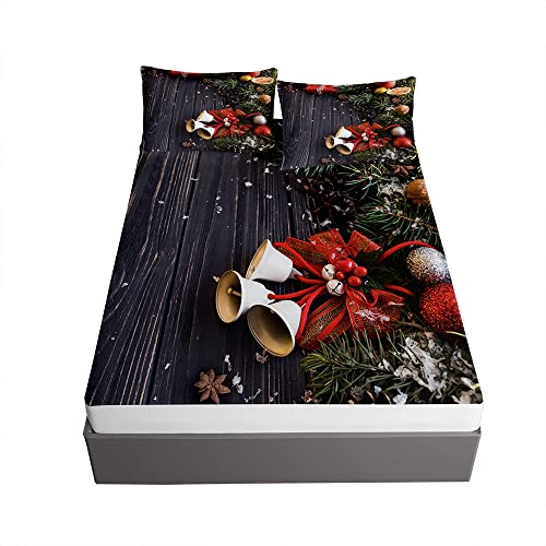 Weihnachten Spannbetttuch für Boxspringbett, Chickwin Drucken Spannbettlaken mit 2 Kissenbezüges - Mikrofaser Matratzenschoner bis 30cm Hohe (Weihnachtsglocke,150x200x30cm) von Chickwing