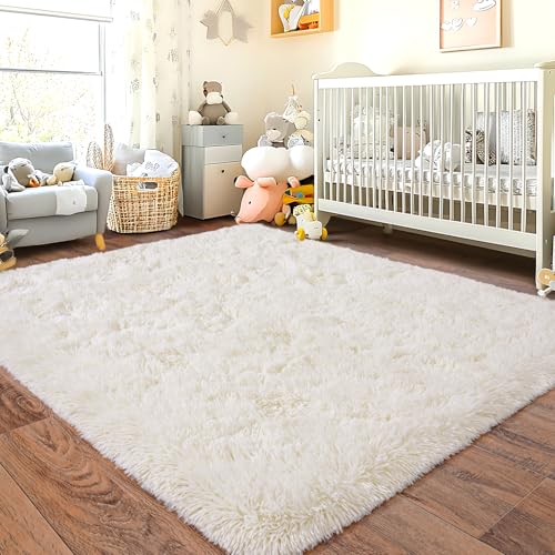 Chicnix Hochflor Flauschig Teppich Schlafzimmer 120x160 cm Creme, Wohnzimmerteppich Weich Bettvorleger, rutschfest Teppich Shaggy für Wohnzimmer Kinderzimmer von Chicnix