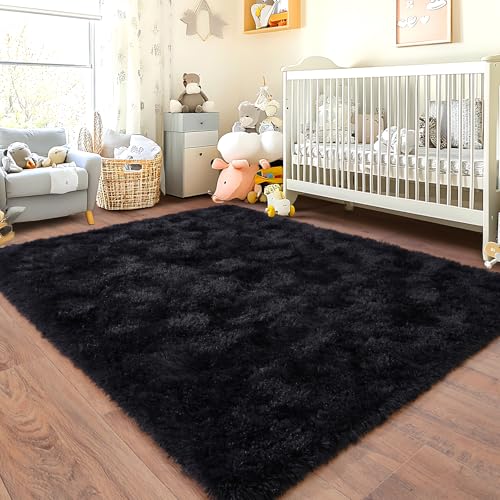 Chicnix Hochflor Flauschig Teppich Schlafzimmer 120x160 cm Schwarz, Wohnzimmerteppich Weich Bettvorleger, rutschfest Teppich Shaggy für Wohnzimmer Kinderzimmer von Chicnix
