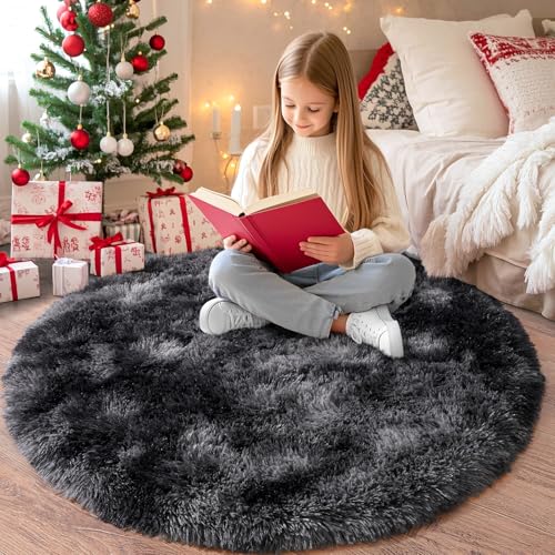 Chicnix Hochflor Teppich Rund 160 cm, Teppich Wohnzimmer Shaggy Langflor, Moderner Plüsch rutschfest Weich Flauschig Bettvorleger für Kinderzimmer Schlafzimmer, Batik Dunkelgrau von Chicnix