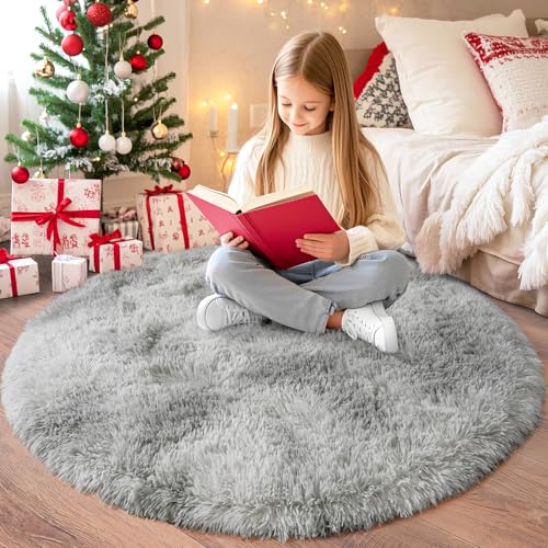 Chicnix Hochflor Teppich Rund 160 cm, Teppich Wohnzimmer Shaggy Langflor, Moderner Plüsch rutschfest Weich Flauschig Bettvorleger für Kinderzimmer Schlafzimmer, Batik Hellgrau von Chicnix