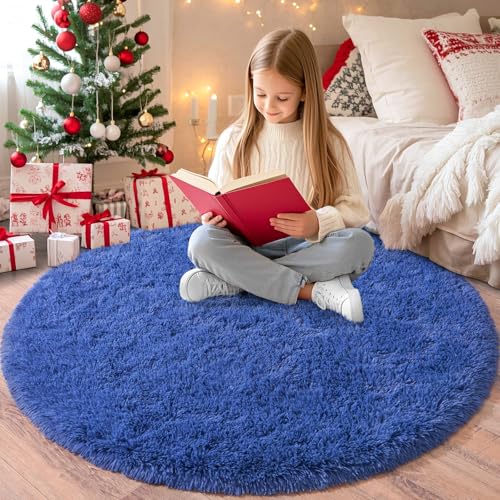 Chicnix Hochflor Teppich Rund 160 cm, Teppich Wohnzimmer Shaggy Langflor, Moderner Plüsch rutschfest Weich Flauschig Bettvorleger für Kinderzimmer Schlafzimmer, Blau von Chicnix