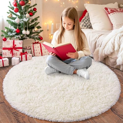 Chicnix Hochflor Teppich Rund 160 cm, Teppich Wohnzimmer Shaggy Langflor, Moderner Plüsch rutschfest Weich Flauschig Bettvorleger für Kinderzimmer Schlafzimmer, Creme von Chicnix