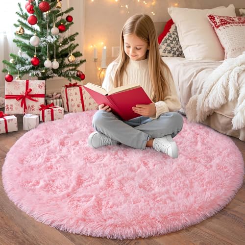 Chicnix Hochflor Teppich Rund 160 cm, Teppich Wohnzimmer Shaggy Langflor, Moderner Plüsch rutschfest Weich Flauschig Bettvorleger für Kinderzimmer Schlafzimmer, Rosa von Chicnix