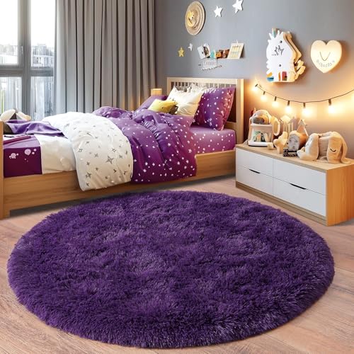 Chicnix Hochflor Teppich Rund 160 cm, Teppich Wohnzimmer Shaggy Langflor, Moderner Plüsch rutschfest Weich Flauschig Bettvorleger für Kinderzimmer Schlafzimmer, Traubenviolett von Chicnix