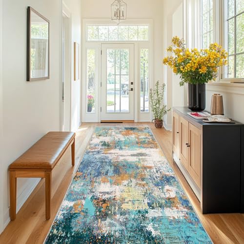 Chicnix Teppich Flur Küche 80x300, Teppich Läufer Waschbar Kurzflor rutschfest für Schmalen Gang, Moderner Abstraktem Malerei Teppiche für Eingangsbereich Schlafzimmer Dekor, Blau Grün Orange von Chicnix