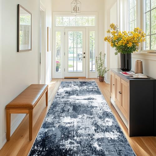 Chicnix Teppich Flur Küche 80x300, Teppich Läufer Waschbar Kurzflor rutschfest für Schmalen Gang, Moderner Abstraktem Malerei Teppiche für Eingangsbereich Schlafzimmer Dekor, Blau von Chicnix