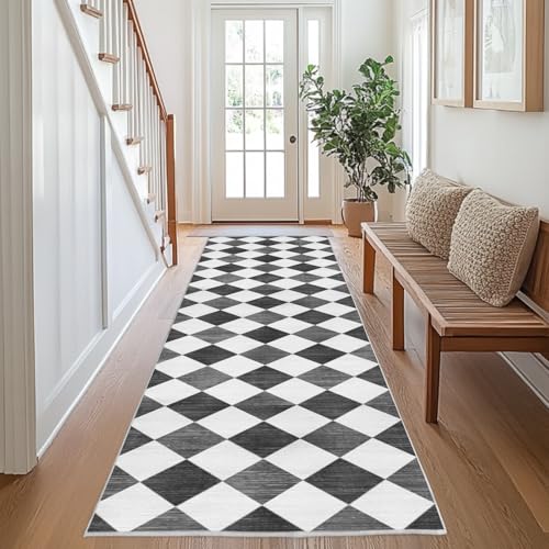Chicnix Teppich Flur Küche 80x300, Teppich Läufer Waschbar Kurzflor rutschfest für Schmalen Gang, Moderner Kariert Geometrisch Malerei Teppiche für Eingangsbereich Schlafzimmer Dekor, Grau Grau von Chicnix