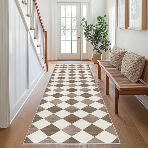 Chicnix Teppich Flur Küche 80x300, Teppich Läufer Waschbar Kurzflor rutschfest für Schmalen Gang, Moderner Kariert Geometrisch Teppiche für Eingangsbereich Schlafzimmer Dekor, Braun Beige Weiß von Chicnix