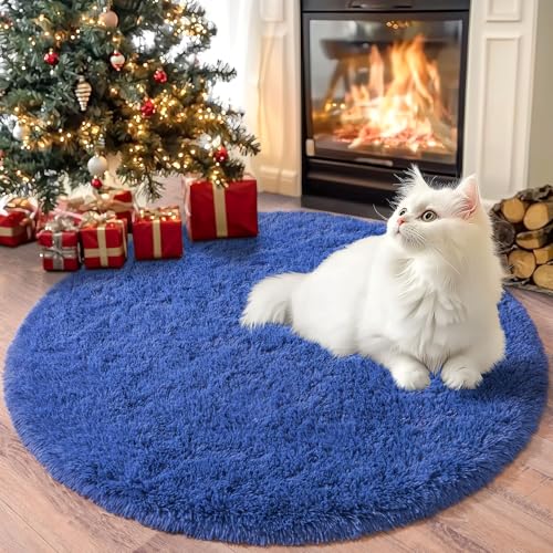 Chicnix Teppich Rund 100 cm Hochflor für Schlafzimmer, Teppich Wohnzimmer Langflor, Moderner Plüsch rutschfest Weich Flauschig Bettvorleger für Kinderzimmer, Blau von Chicnix
