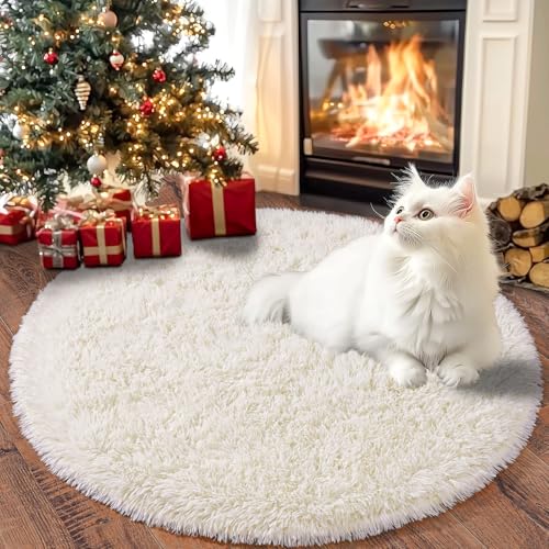 Chicnix Teppich Rund 100 cm Hochflor für Schlafzimmer, Teppich Wohnzimmer Langflor, Moderner Plüsch rutschfest Weich Flauschig Bettvorleger für Kinderzimmer, Creme von Chicnix