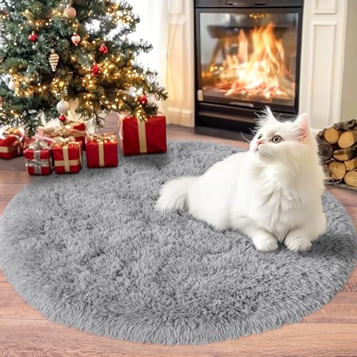 Chicnix Teppich Rund 100 cm Hochflor für Schlafzimmer, Teppich Wohnzimmer Langflor, Moderner Plüsch rutschfest Weich Flauschig Bettvorleger für Kinderzimmer, Grau von Chicnix